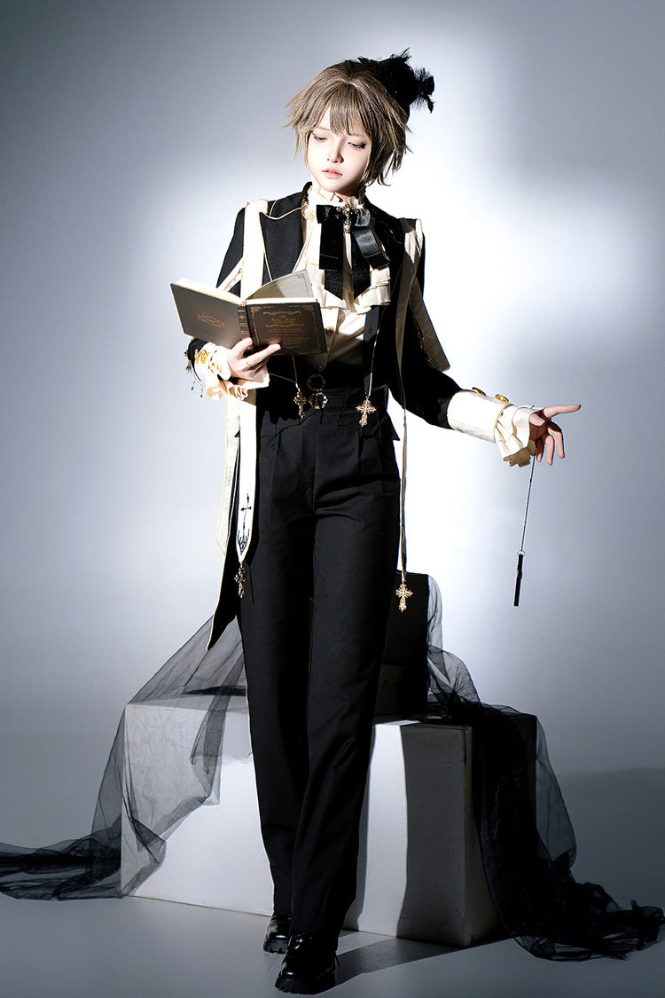 Black Long Sleeves Print Gothic Prince Handsome Ouji Lolita Swallowtail Coat