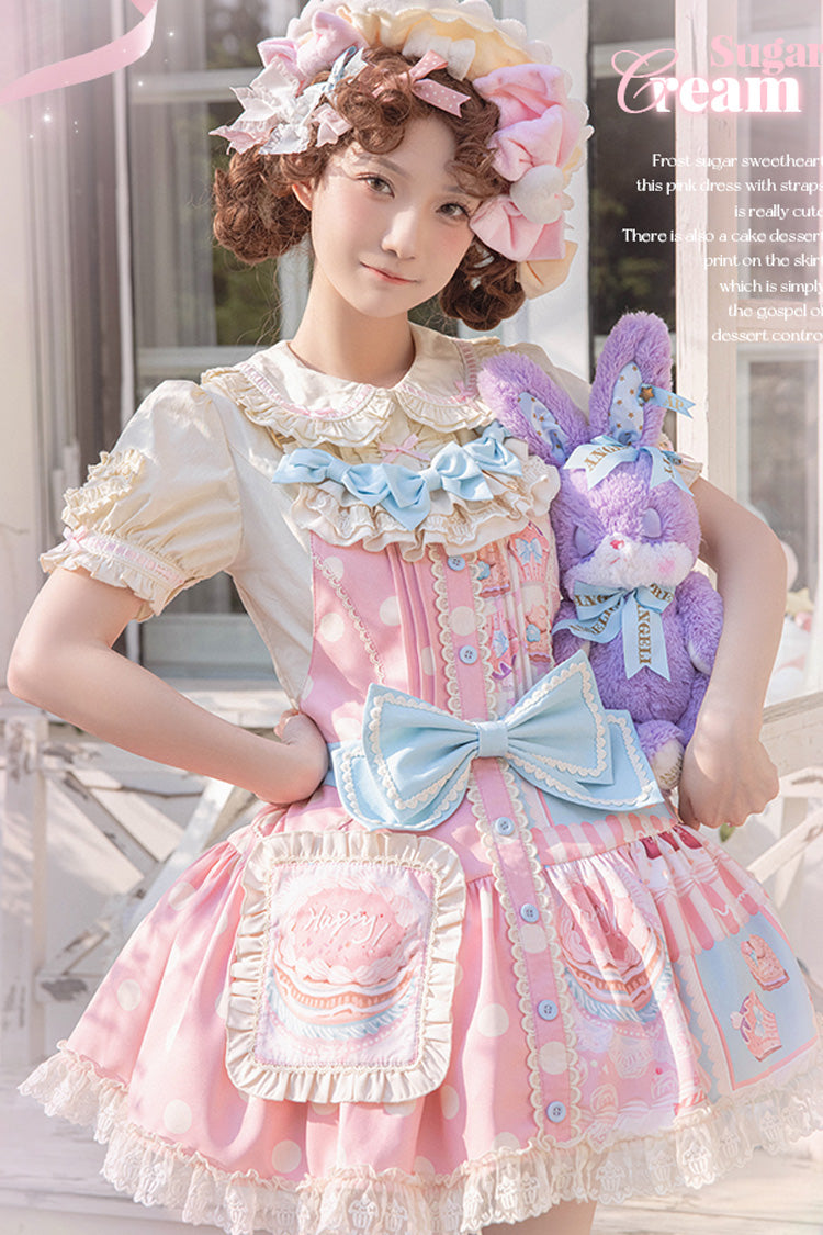 Pink Cake Chocolate Dessert Print Ruffle Bowknot Sweet Lolita Strap Dress