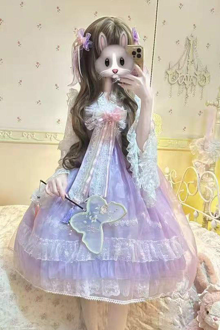 [Peach Blossoms in Spring Fields] Sleeveless Ruffle Bowknot Lace Sweet Chinese Style Lolita Jsk Dress 3 Colors