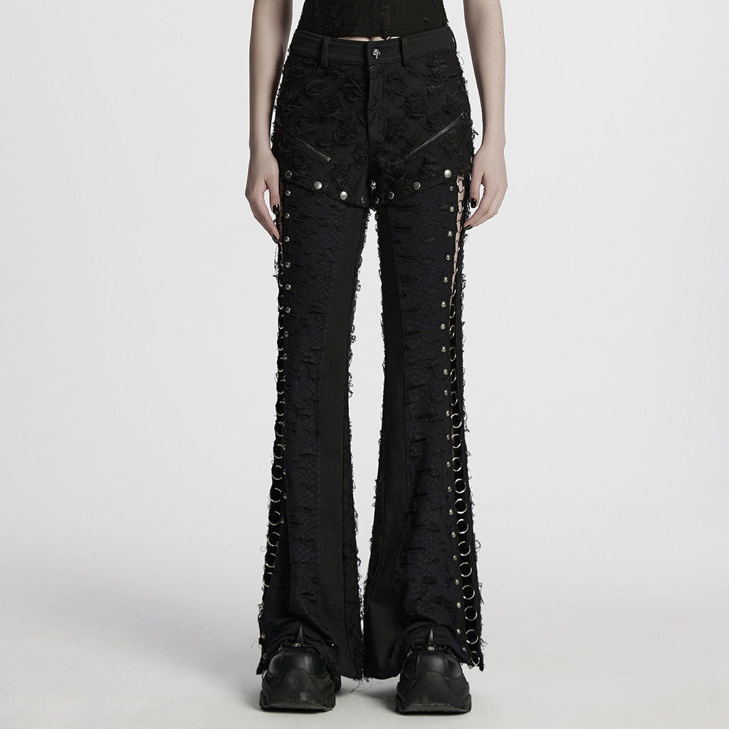 Black Stitching Ripped Metal Ring Women's Punk Split Detachable Pants
