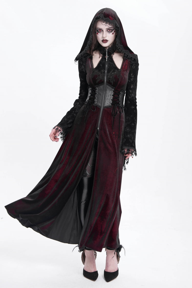 Red Long Sleeves Hollow Embroidery Hooded Ripped Women's Gothic Dress Coat