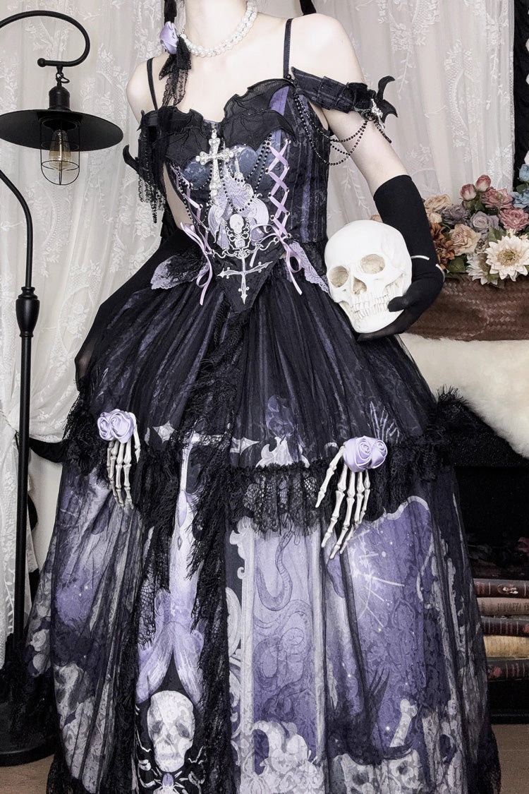 Black/Blue [Skull Magic] Print Ruffle Bowknot Gothic Elegant Lolita Skirt Two-Piece Set