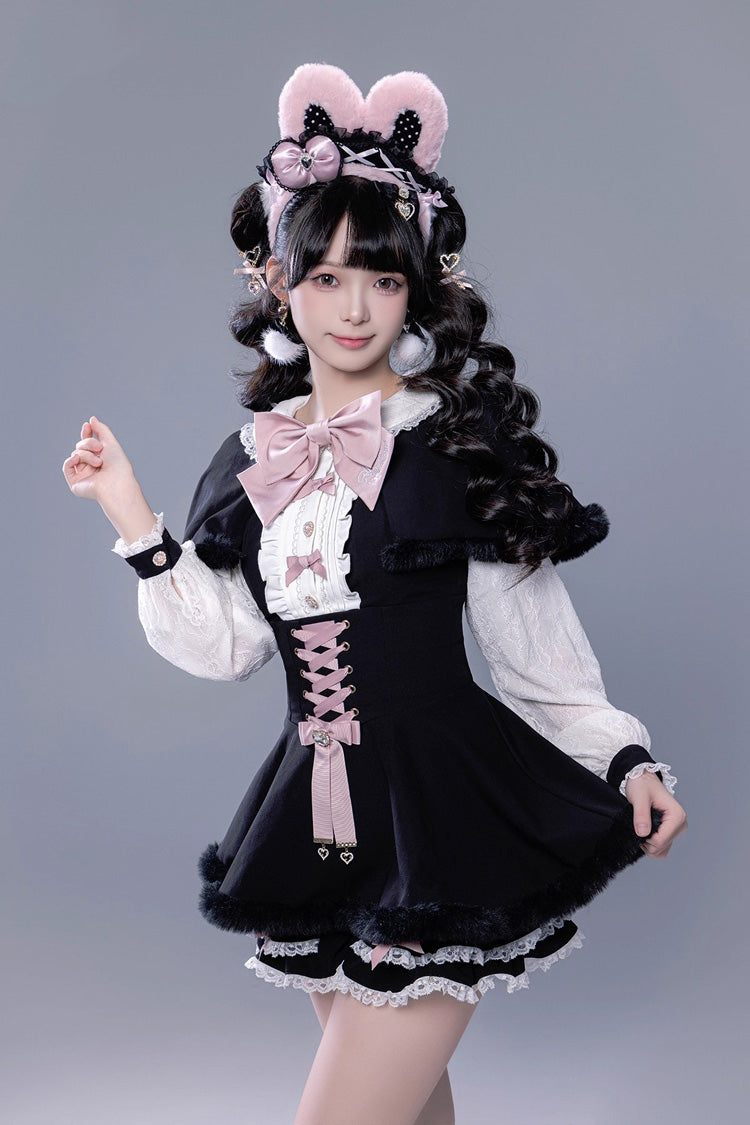 Black Long Sleeves Ruffle Bowknot Lace-Up Japanese Jirai Kei Dress Shorts Plush Set