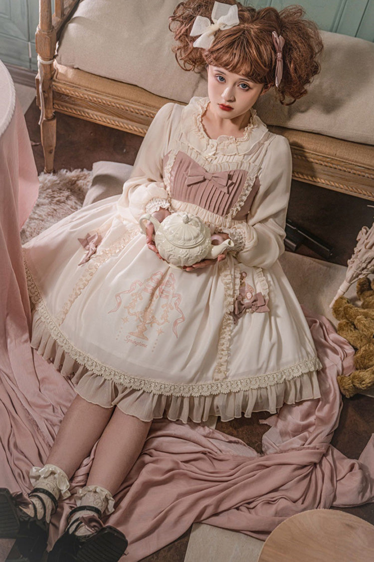 ホワイト/ピンク ノースリーブ おやすみクマ プリント スイート ラブリー ロリータ ドレス