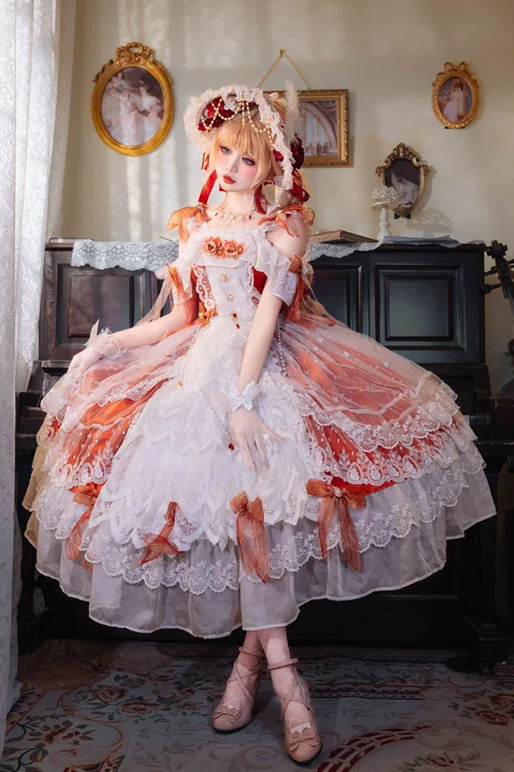 Red/White [Glazed Illusion] Off Shoulder Halterneck Sleeveless Multi-Layered Printed Wedding Style Embroidered Open-Front Bow Lace Pearl Detail Sweet Lolita Dress