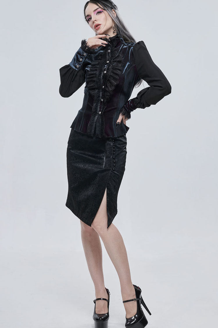 黒ゴシック柄レザーボタン装飾スリムフィットヒップレディーススカート