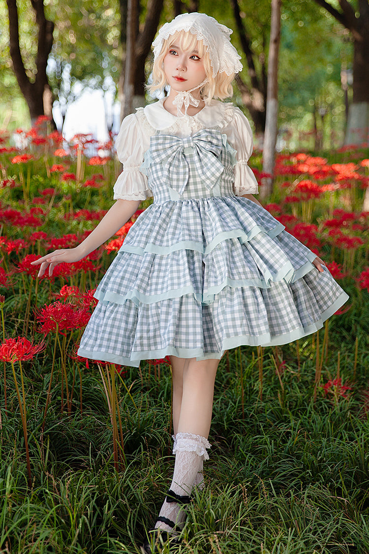 Blue [Cloth Cat] Triple-Layered Plaid Print Ruffle Bowknot Sweet Lolita Dress 2 Colors