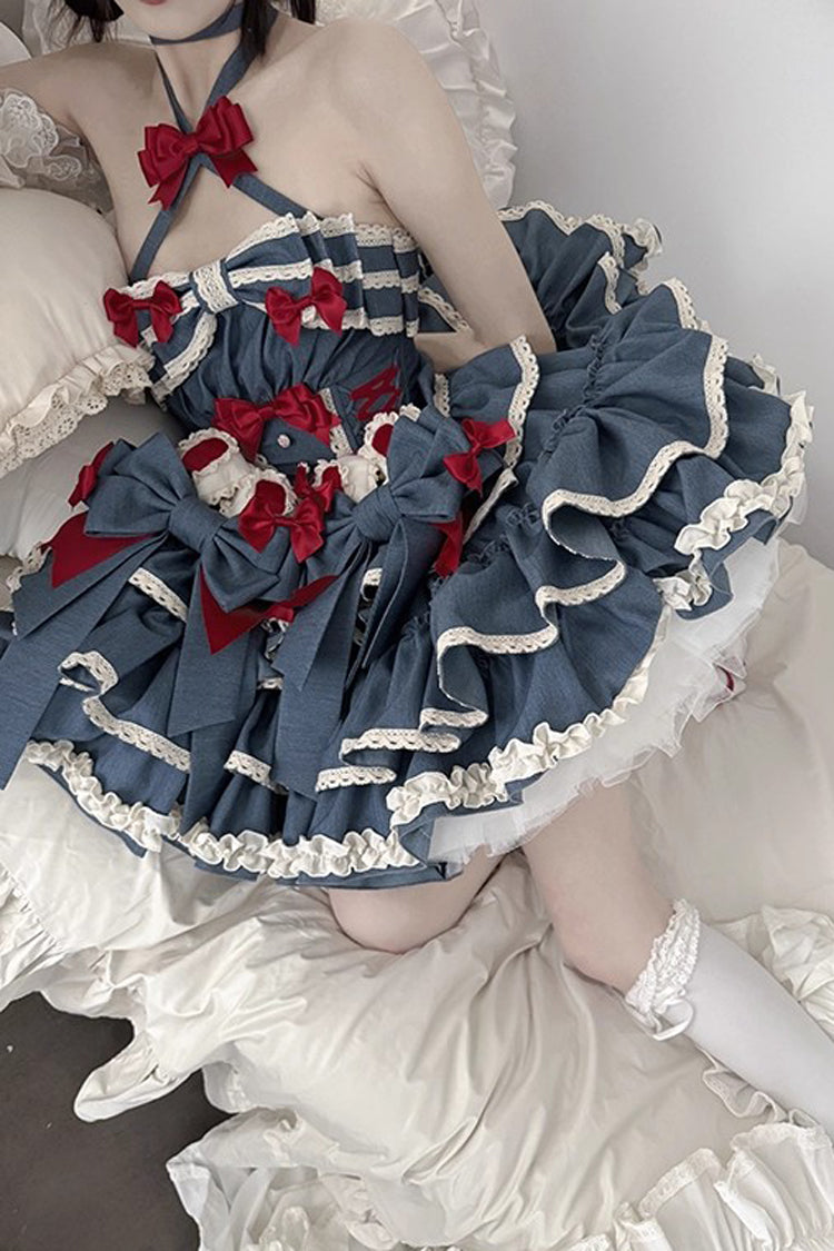 Blue [Milk Rabbit Theater] Halterneck Sleeveless Triple-Layered Ruffle Bowknot Lace-Up Sweet Lolita Jsk Dress