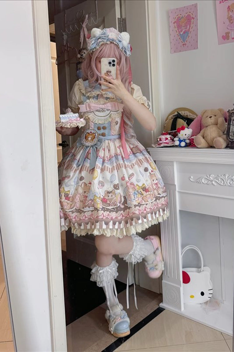 Multi-Color Sleeveless [Cat Dessert] Print Ruffle Bowknot Lace Sweet Japanese Lolita Strap Dress