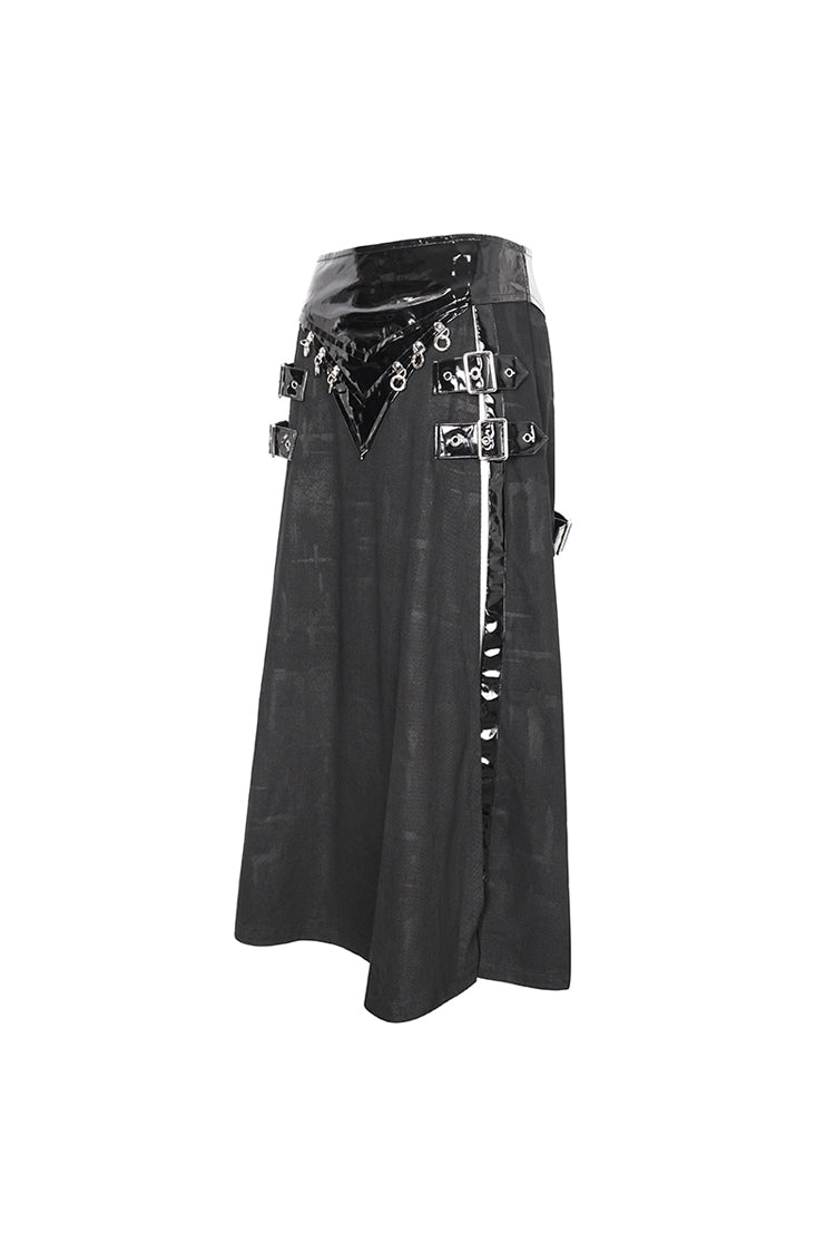 Black Patent Leather Splice Split Men's Punk Skirt