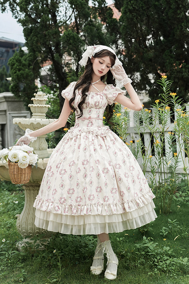 Robe longue Sweet Lolita en ivoire [Rose après la pluie] à manches courtes, à volants à trois couches, avec nœud papillon et lacets 