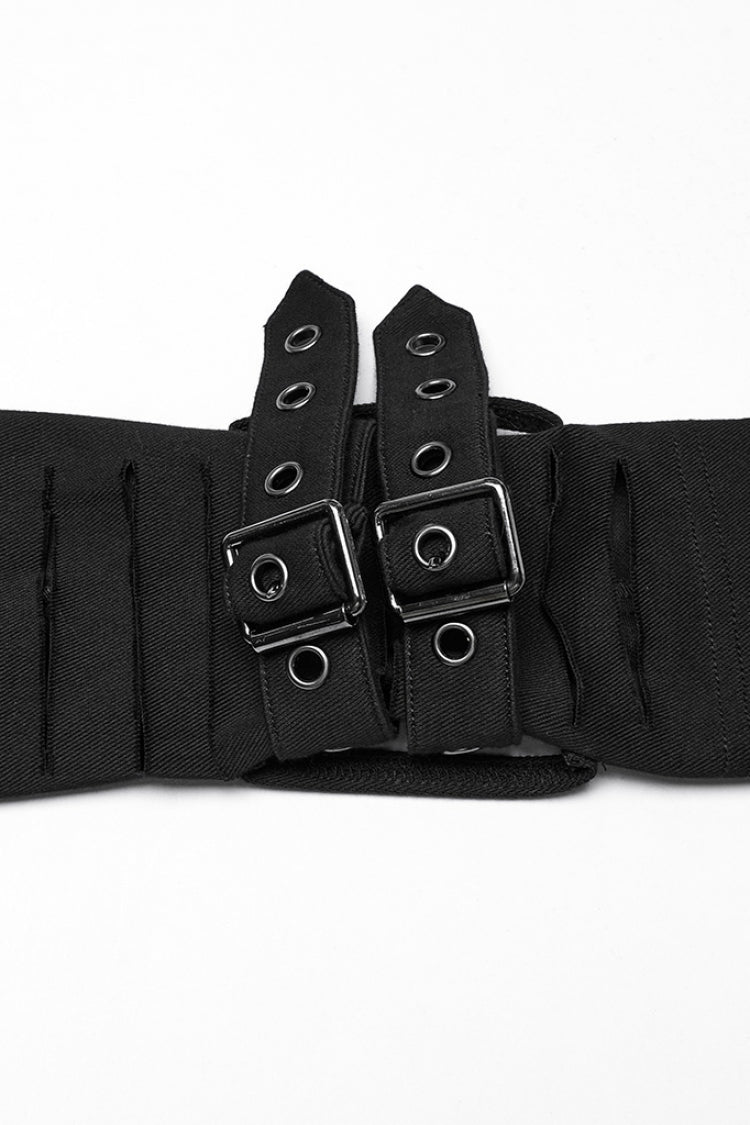 Manteau long punk noir à manches longues avec capuche et boucles déchirées pour femme 
