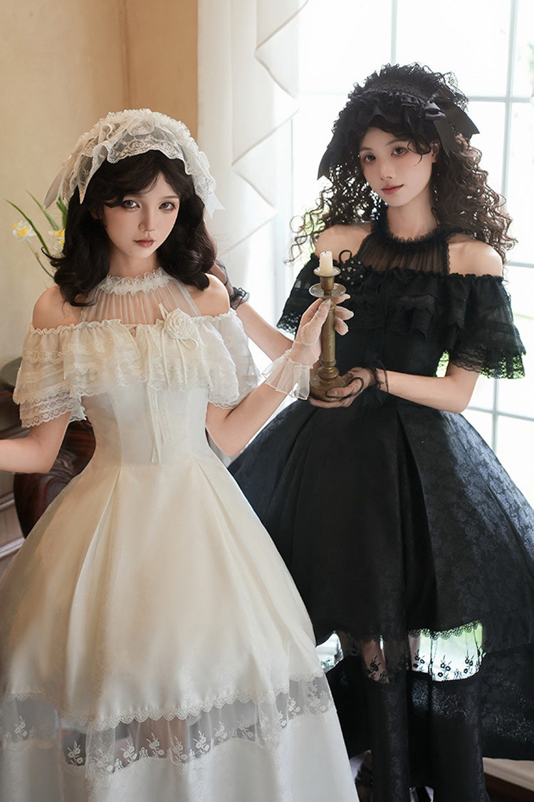 White [Flowers in the Mist] Off Shoulder Halterneck Print Ruffle Gothic Elegant Lolita Dress