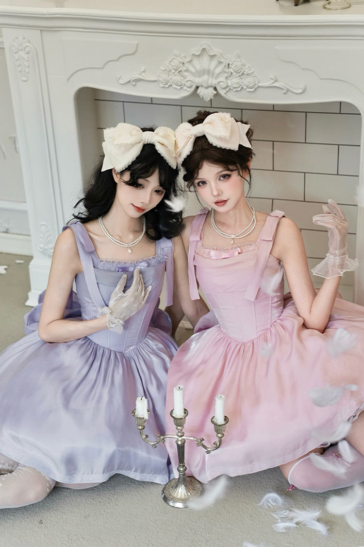 パープル [Foamy Sea] ノースリーブ フリル ボウノット フィッシュボーン スウィート ロリータ ジャンパースカート ドレス 