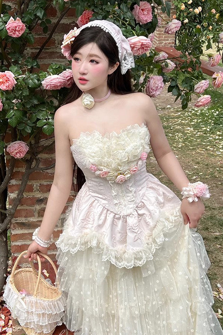 Pink Flower Goddess of Love Ruffle Bowknot Lace Sweet Elegant Lolita Maxi Skirt Dress Set