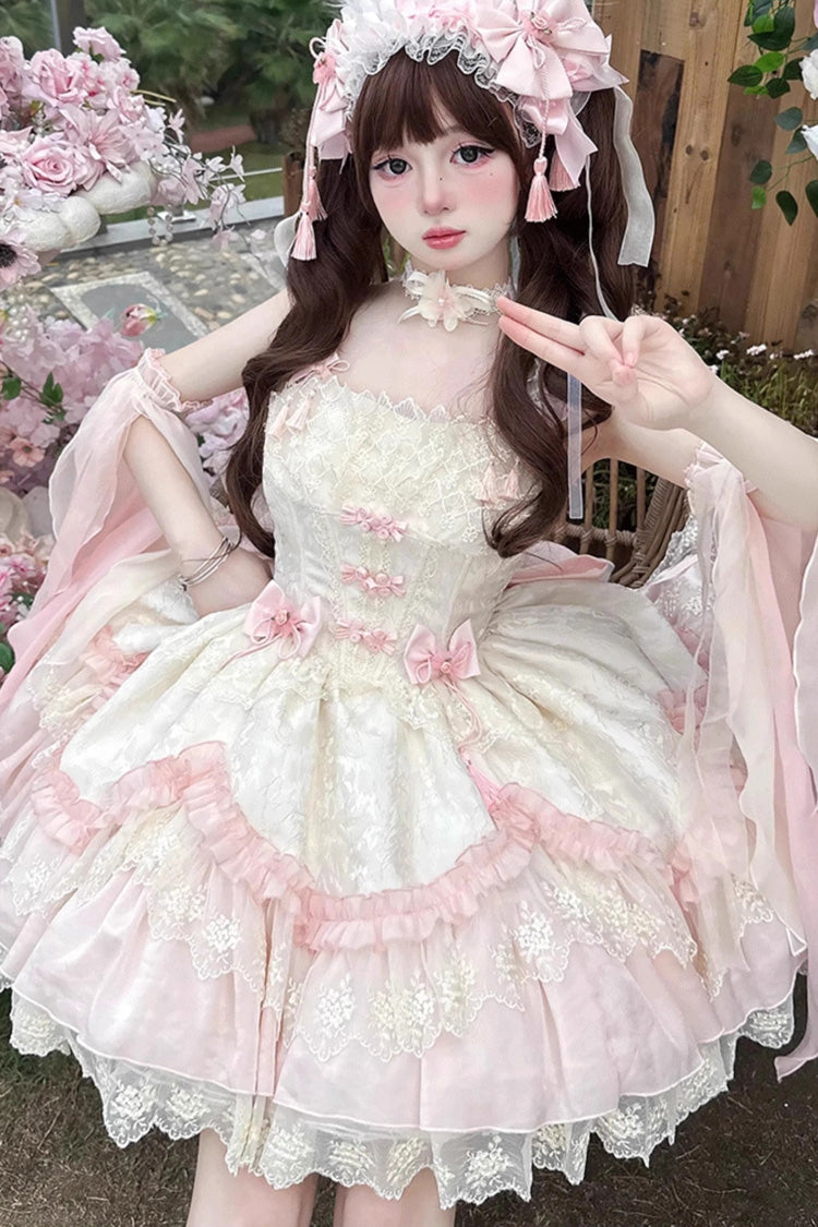Pink [Lyrics in the Midst of Flowers] Ruffle Embroidery Bowknot Chinese Style Elegant Sweet Lolita Jsk Dress