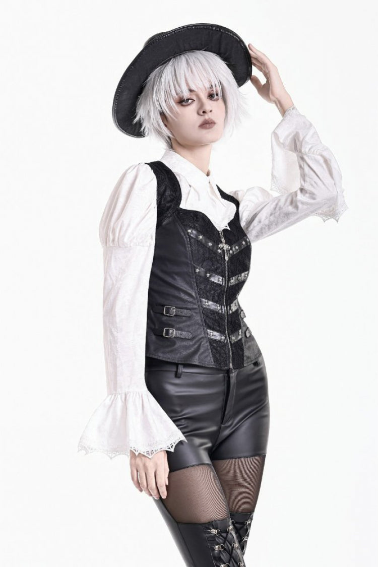 Black Sleeveless Corset Waist Cross Zipper Buckle Lace Leather Studded Women's Gothic Top