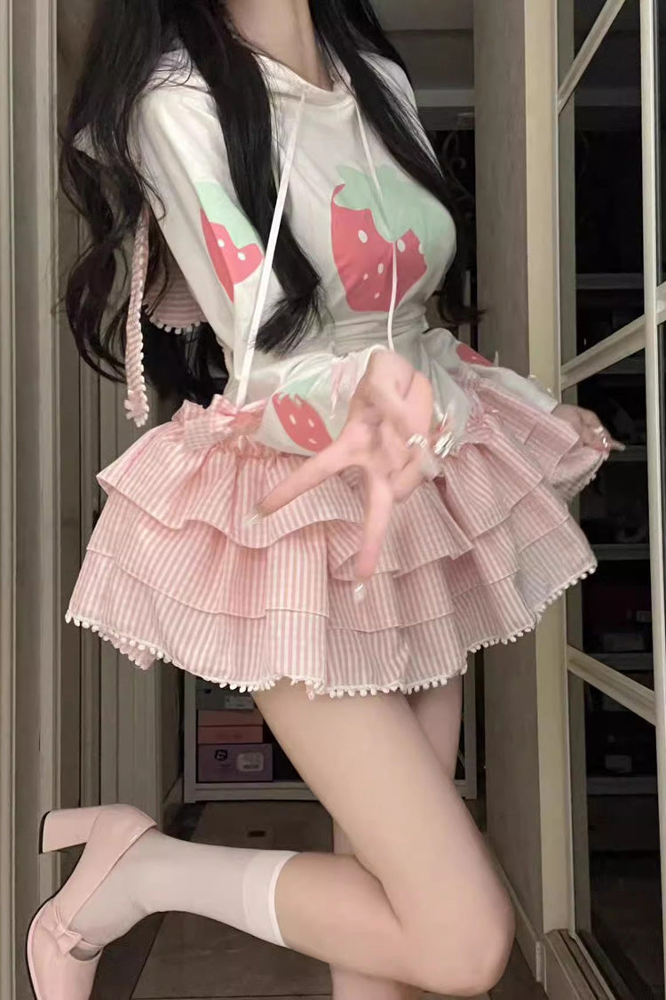 White/Pink Long Sleeves Triple-Layered Strawberry Print Hooded Sweet Lolita Dress