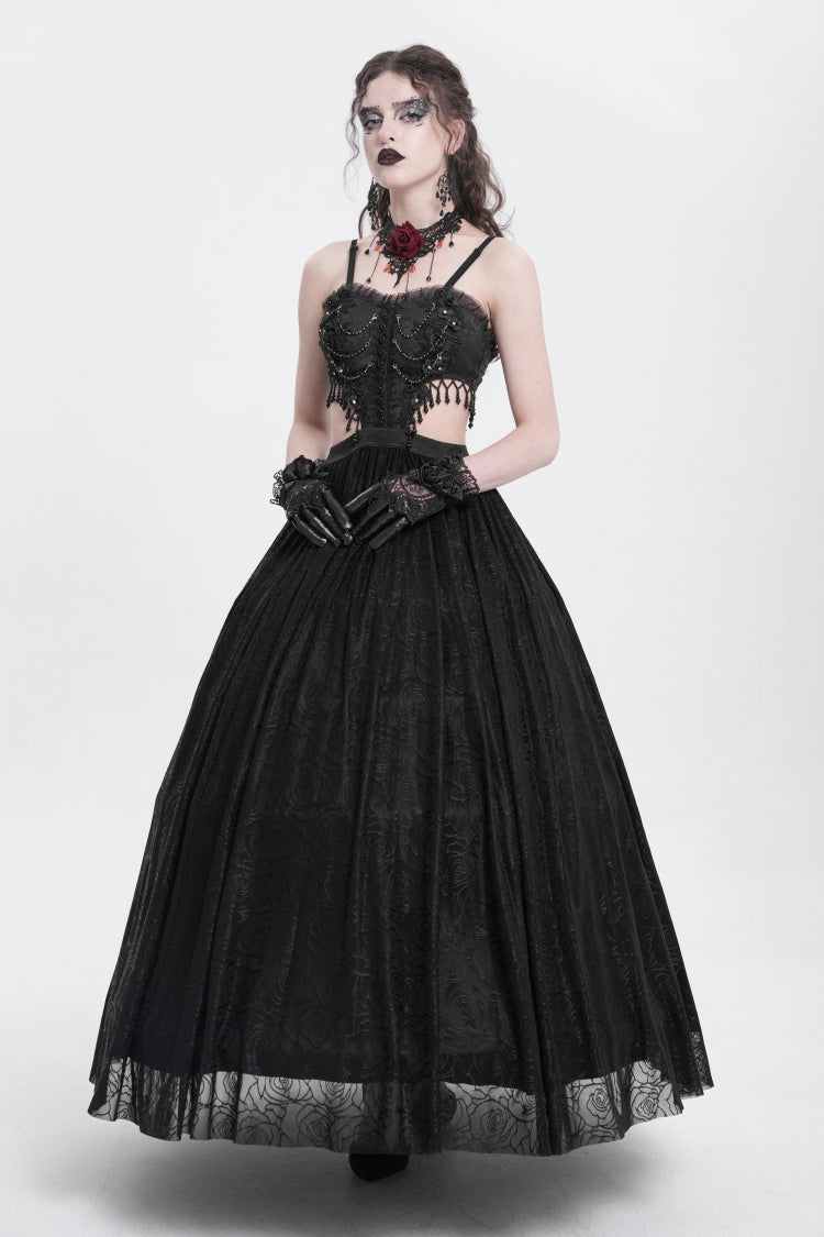 Black Jacquard Floral Embroidery Lace Ripped Women's Gothic Party Slip Dress