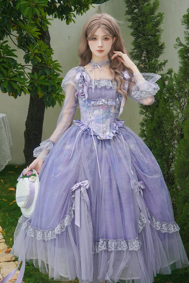 Robe Sweet Lolita en dentelle avec col carré violet, manches longues, volants, nœud papillon et arêtes de poisson 