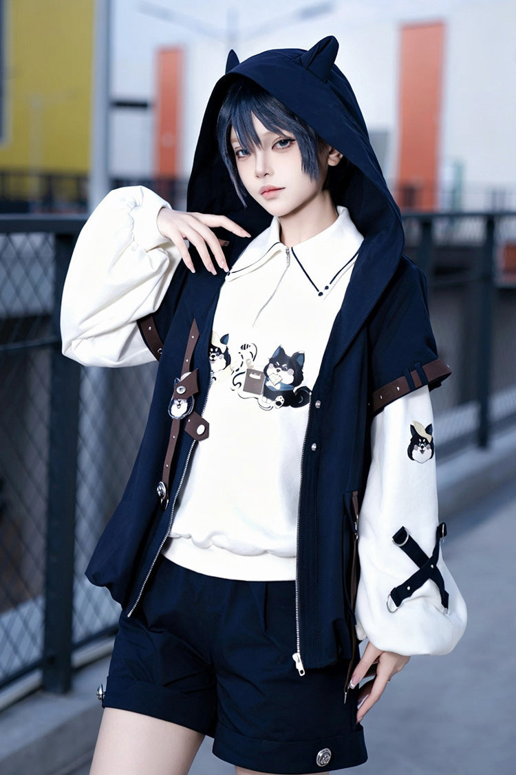 White/Blue [Woof Woof Precinct] Lapel Collar Long Sleeves Printed Hooded Classic Cool Ouji Lolita Set