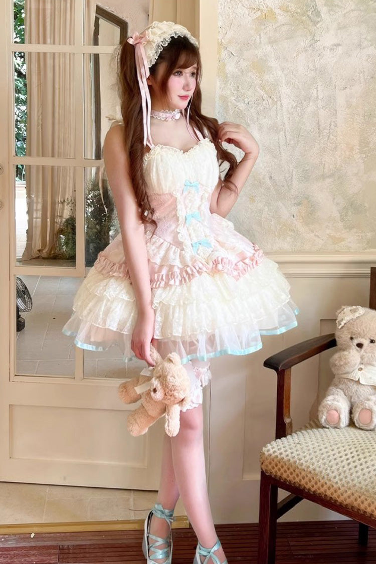 Pink/Beige [Sweet Dream Peach] Sleeveless Multi-Layered Ruffle Bowknot Lace Sweet Ballet Lolita Jsk Dress