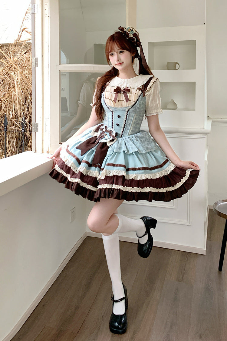 Green/Brown [Mint Chocolate] Sleeveless Triple-Layered Ruffle Bowknot Sweet Lolita Jsk Dress
