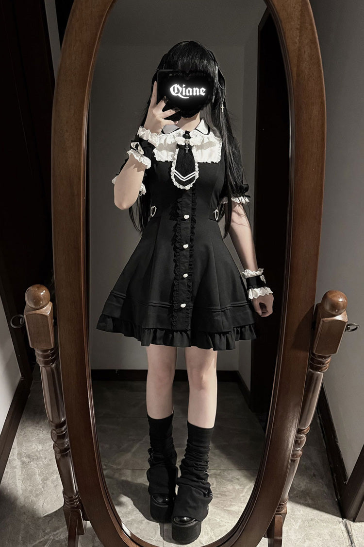 Black [Angel Creed] Short Sleeves Ruffle Bowknot Stitching Lace Gothic Plus Size Japanese College Style Jirai Kei Dress