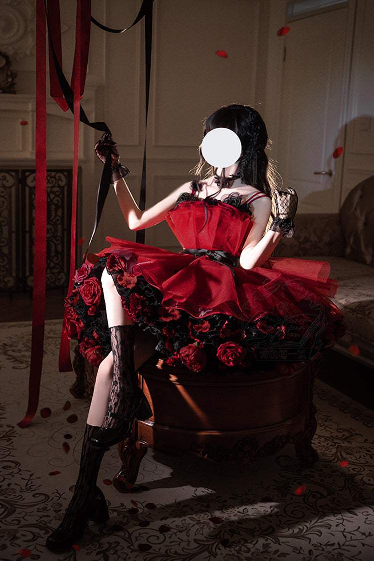 Robe Lolita Princesse Douce Sans Manches à Volants et Nœud Papillon [Bouquet de Nuit Éternelle] Rouge Vin 