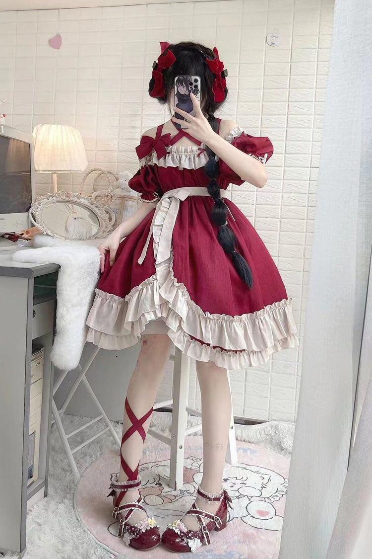 Red [Monet Estate] Sleeveless High Waisted Ruffle Bowknot Asymmetric Gothic Lolita Jsk Dress