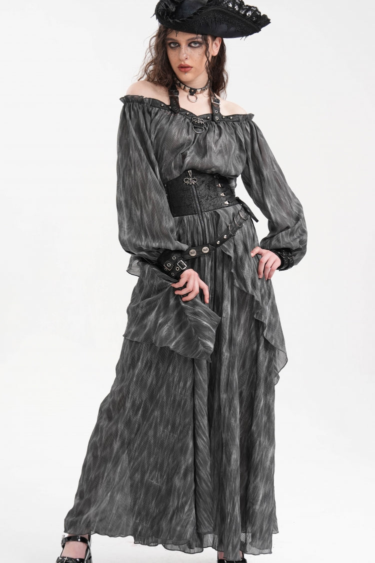 Graue Neckholder-Bluse mit Schnalle und langen Ärmeln für Damen im Gothic-Stil