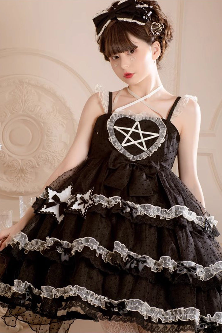 Black [Du Meisha's Star Wish] Sleeveless Triple-Layered Jacquard Ruffle Bowknot Sweet Gothic Lolita Jsk Dress
