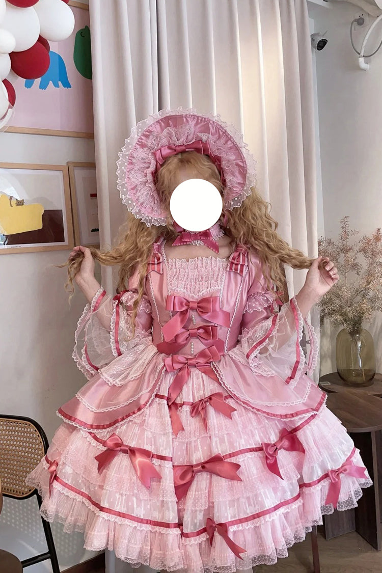 Pink [Velvet Cake] Long Trumpet Sleeves Multi-Layered Ruffle Bowknot Lace Sweet Lolita Dress