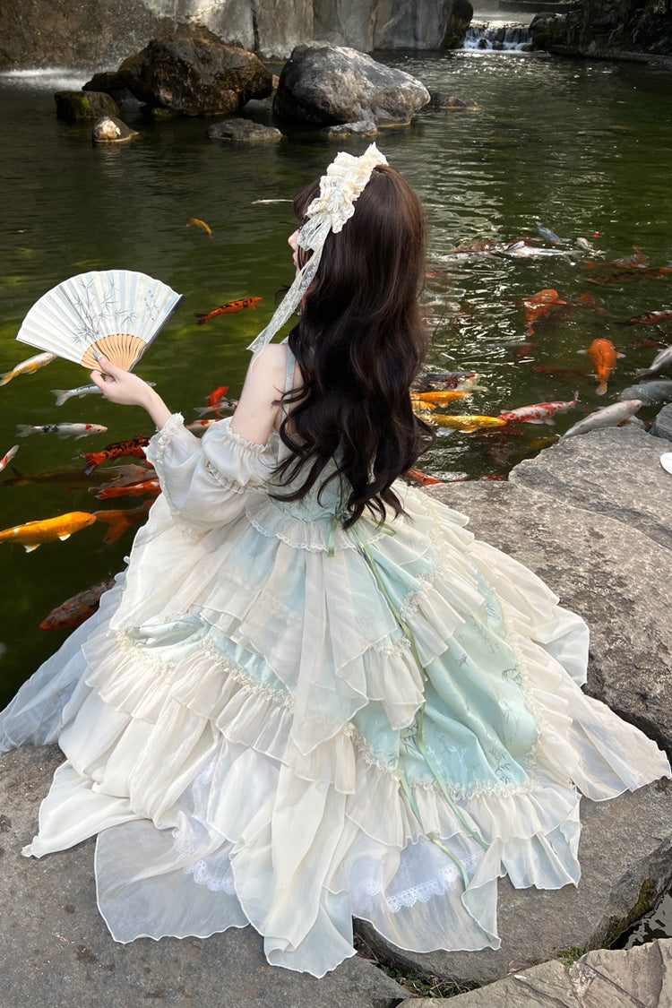 Green [Tea Bamboo Song] Sleeveless Jacquard Ruffle Bowknot Lace Irregular Sweet Chinese Style Ballet Lolita Jsk Dress Long Version Set