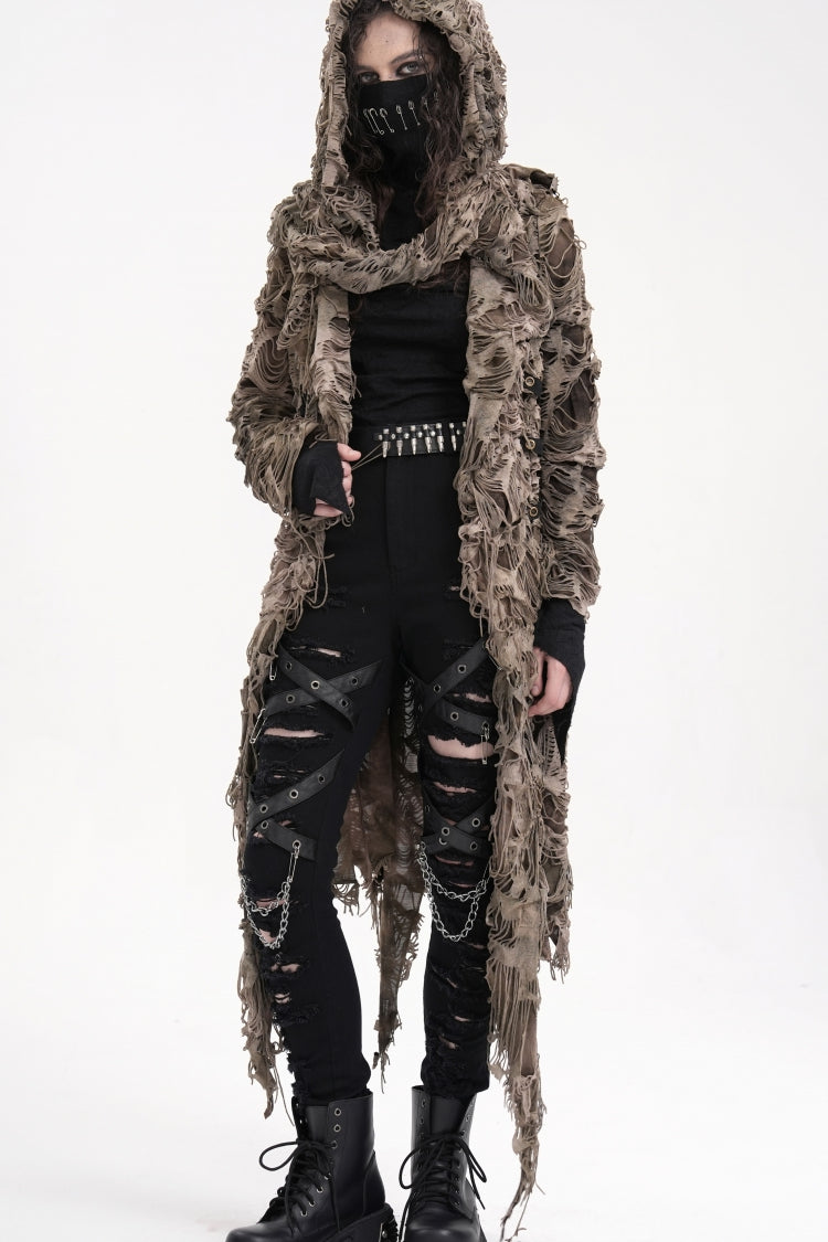 Brauner Punk-Umhang mit Kapuze und langen Ärmeln für Damen mit Ösen und Reißverschluss