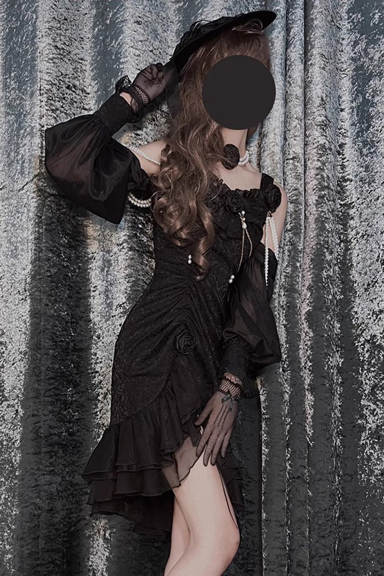 Black [Camellia 2.0] Sleeveless Jacquard Ruffle Lace Asymmetric Gothic Chinese Style Fishtail Lolita Jsk Dress