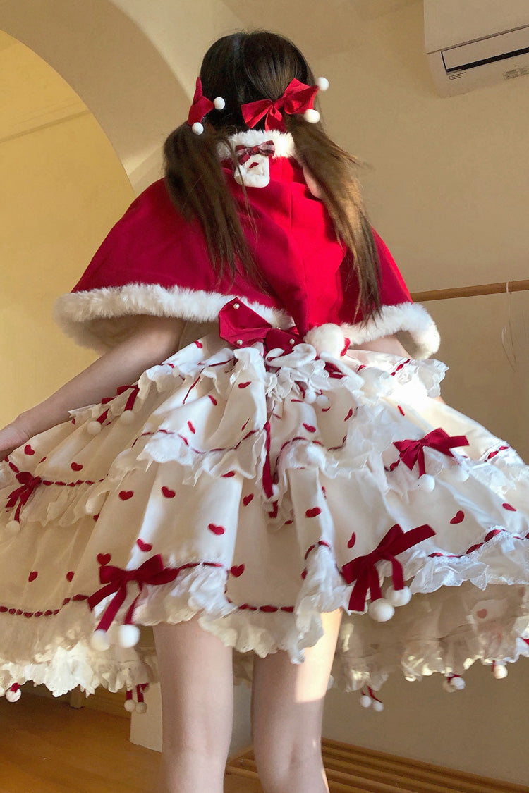 Red/Apricot Triple-Layered Print Ruffle Bowknot Lace Sweet Princess Lolita Dress Cloak Set