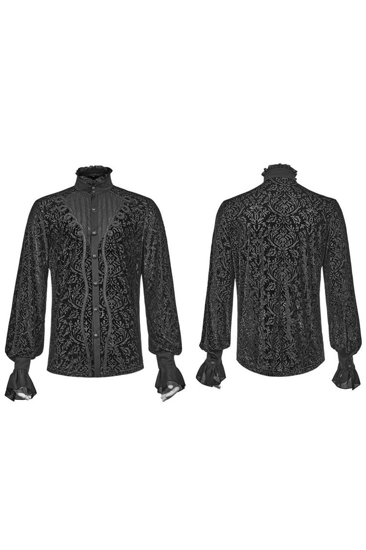 Black High Collar Lantern Sleeve Front Metal Retro Button Flounce Cuff Velveteen Knit Men's Gothic Shirt