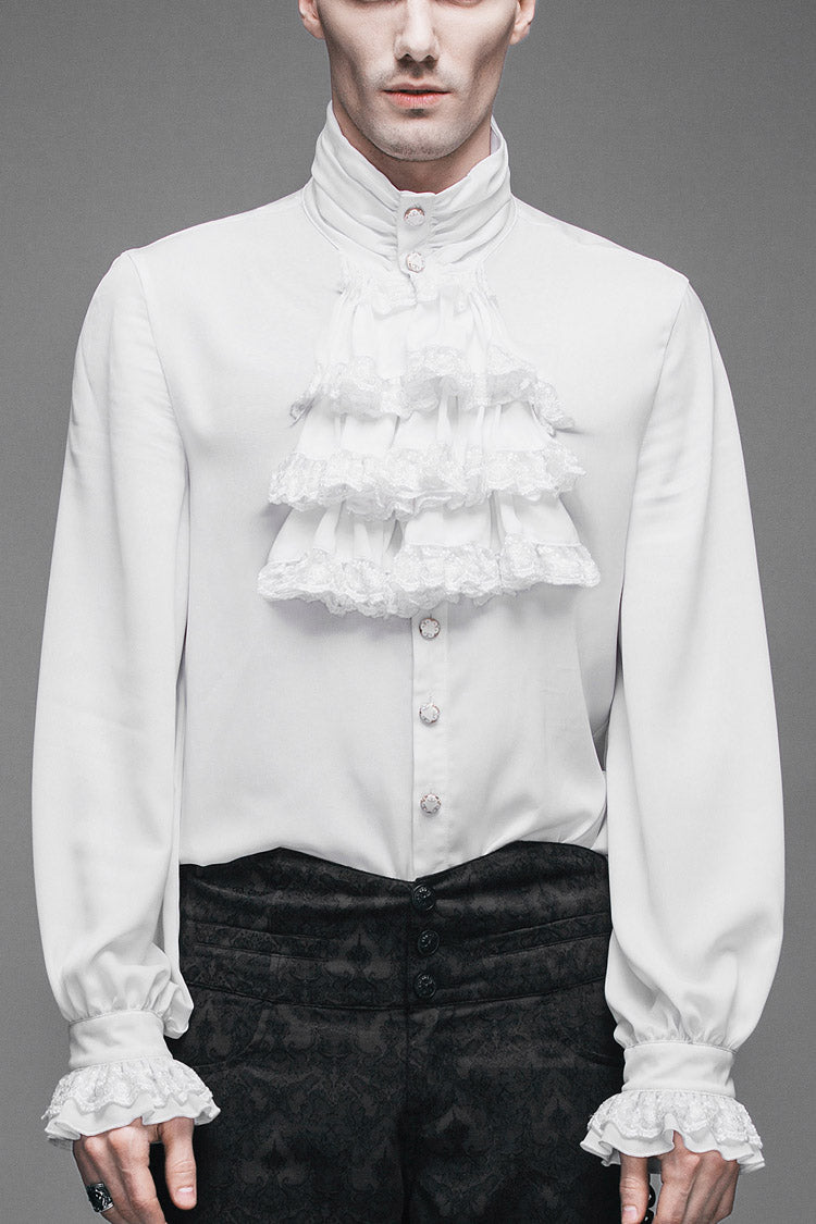 White Ruffled Lace Button-Up Micro-bullet Chiffon Long Sleeve Men's Go ...