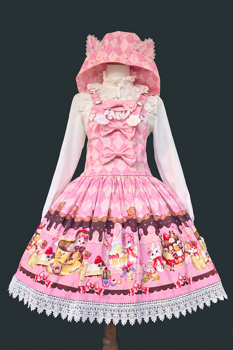 [Cream Meow] Sleeveless Print Bowknot Hooded Sweet Lolita Strap Dress 3 Colors
