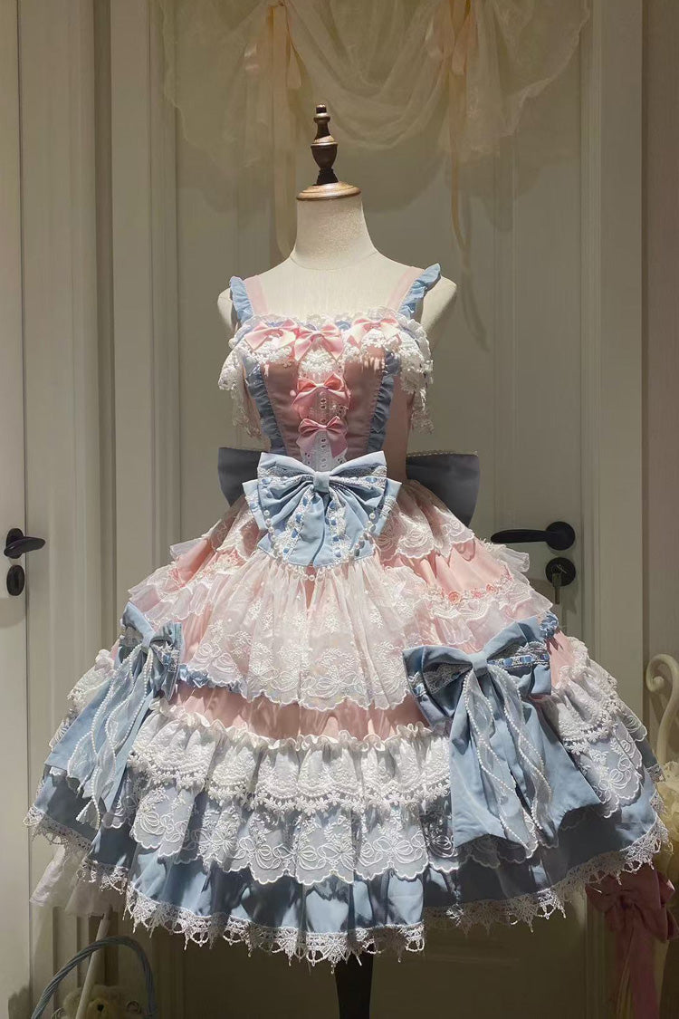 Blue Sleeveless Multi-Layered Ruffle Bowknot Lace Sweet Gorgeous Lolita Doll Jsk Dress