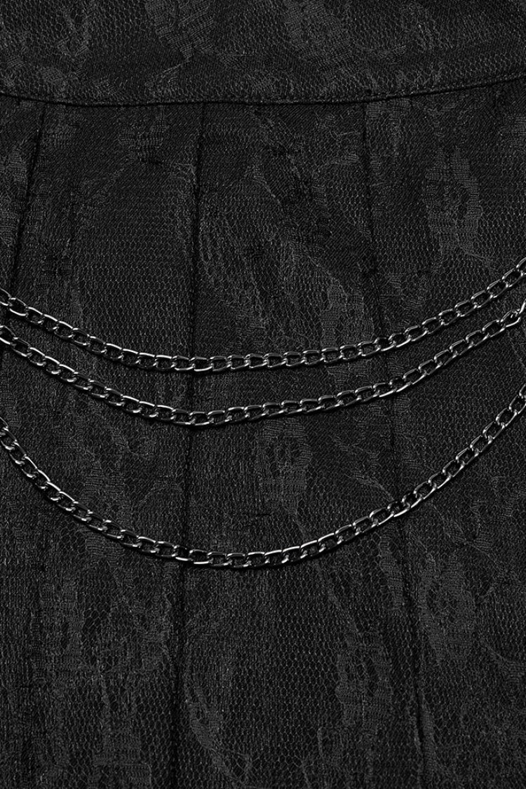 Jupe plissée punk en dentelle à couture noire pour femmes avec chaîne 