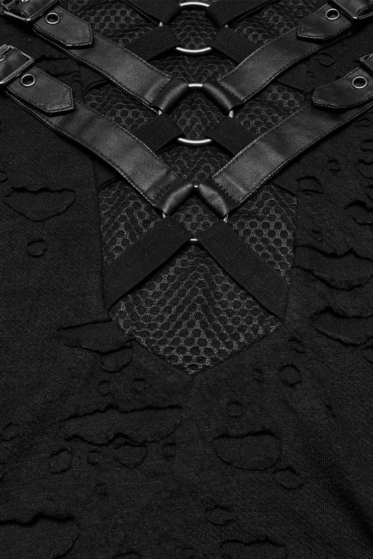 Black Short Sleeves Stitching Mesh Ripped Strap Men's Punk T-Shirt