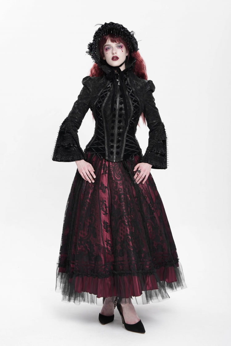 Black Lapel Collar Long Trumpet Sleeves Ruffle Lace-Up Zipper Women's Gothic Jacket