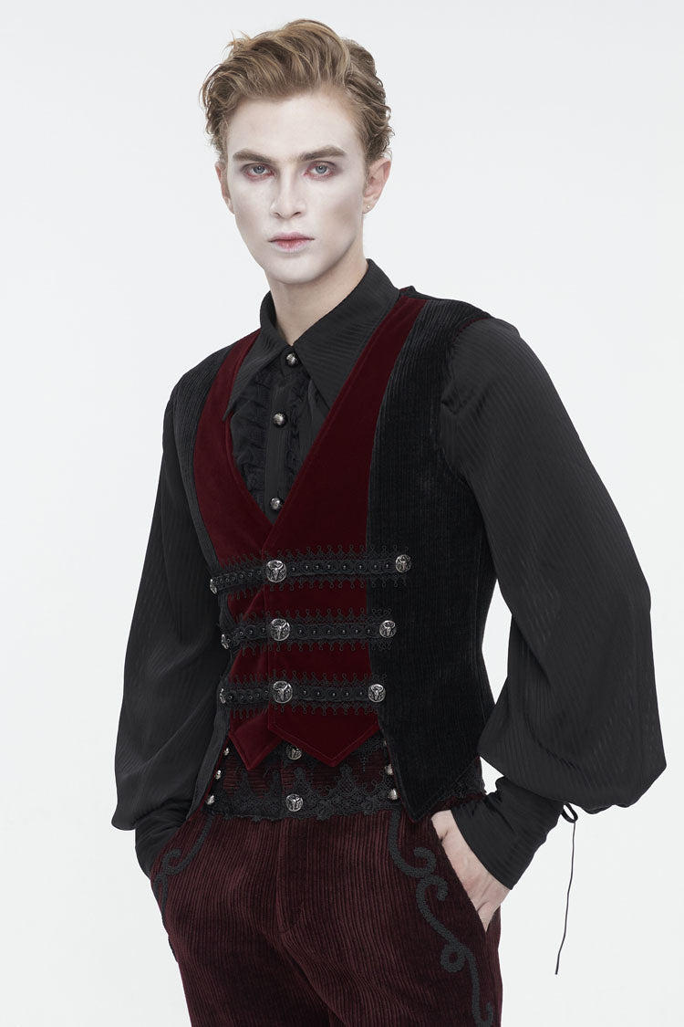 Black/Red Irregular Velvet Splice Corduroy Men's Gothic Waistcoat