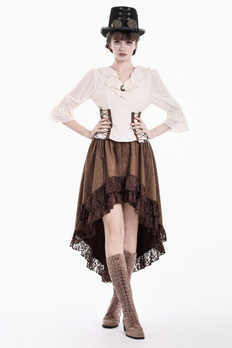 Brown Elastic Waist Lace Ruffled Layered High Low Hem Drawstring Women's Steampunk Vintage Skirt