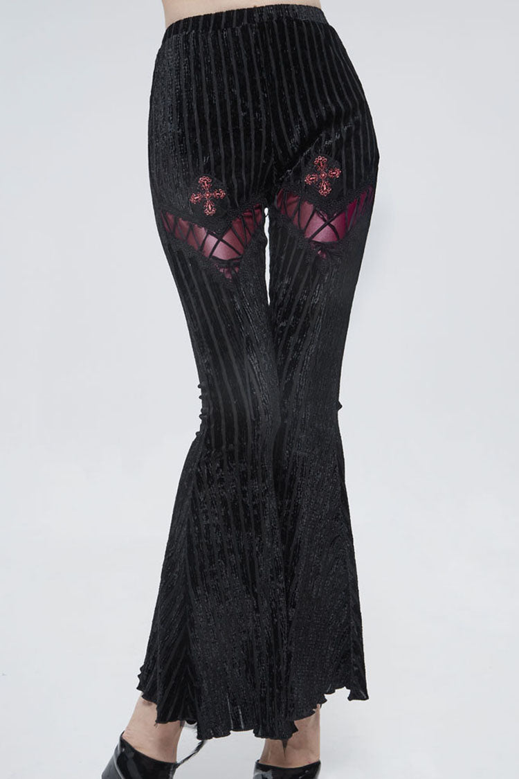 Black Gothic Striped Flocking V-Shaped Cross Lace Stitching Flared Women's Pants
