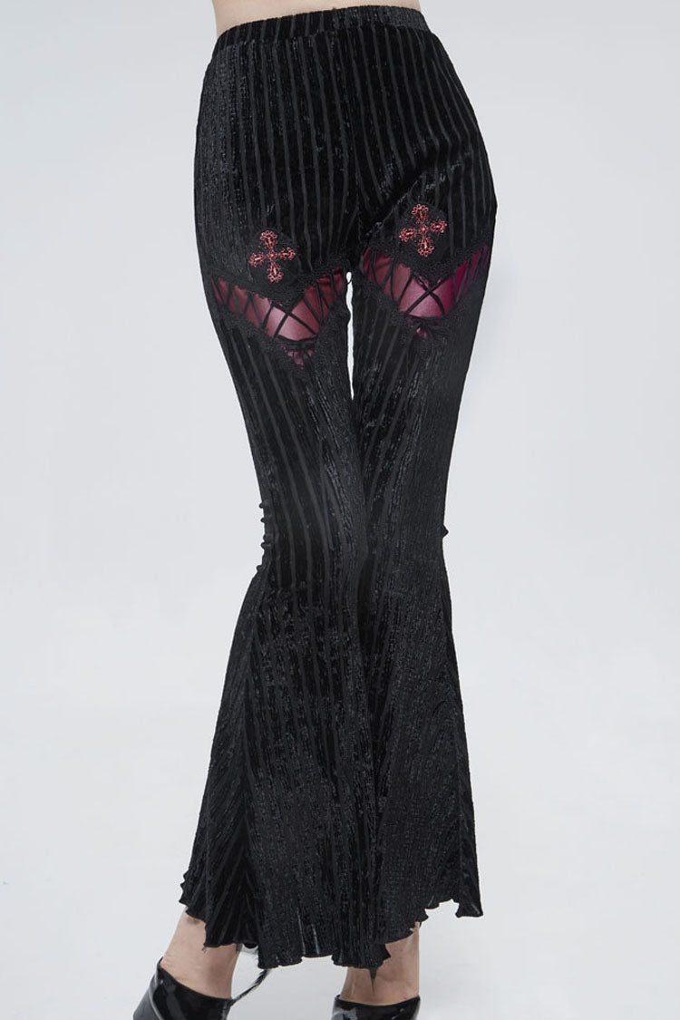 Schwarze ausgestellte Damenhose im Gothic-Stil mit Streifen, Beflockung, V-Form, Kreuzspitzennähten