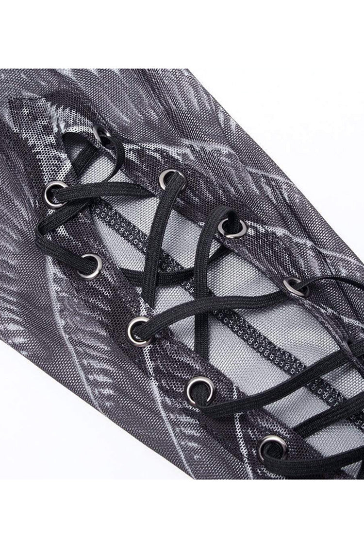 Schwarz/Weiß Gothic Persönlichkeit Totenkopf Druckmuster Elastizität Mesh Eng Sexy Perspektive Krawatte Kordel An Der Manschette Damen Hemd