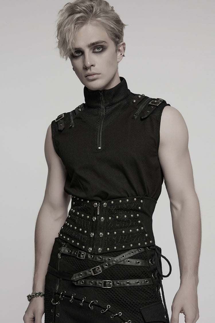 Black Skull Stitching Lace-Up Mesh Men's Gothic Girdle